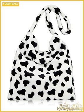 Fluffy Plush Cow Print Underarm Handbag Shoulder Bag Women Large Capacity
